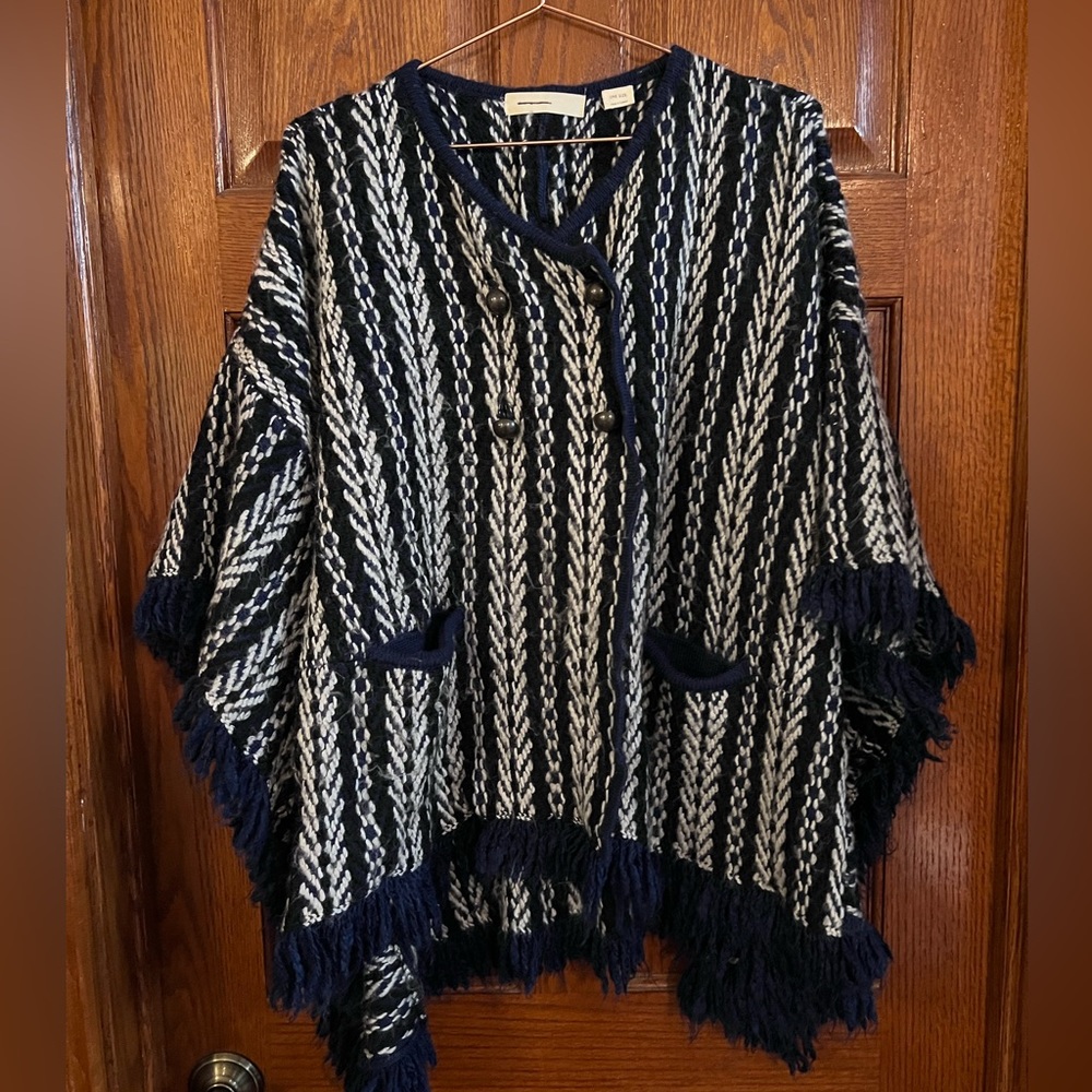 Anthropology Sleeping on Snow Blue Striped Poncho Sweater Tajo Southwestern